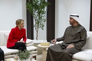 الإمارات: محمد بن زايد وميلوني يبحثان في أبوظبي تأثير الأوضاع بالمنطقة على أمن الملاحة