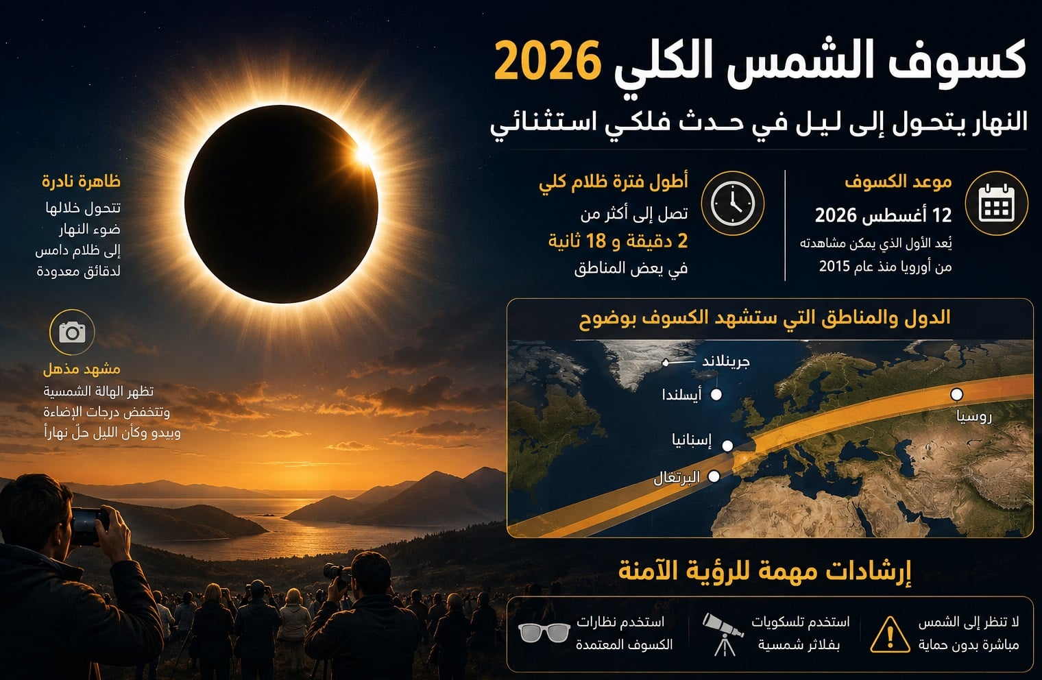 النهار يتحول إلى ليل.. تفاصيل كسوف الشمس الكلي 2026 وأماكن ظهوره حول العالم
