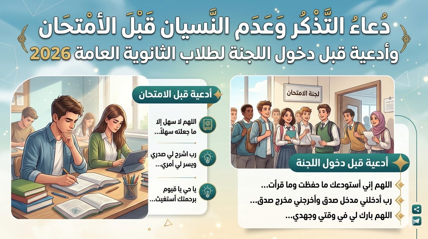 دعاء التذكر وعدم النسيان قبل الامتحان وأدعية قبل دخول اللجنة لطلاب الثانوية العامة 2026