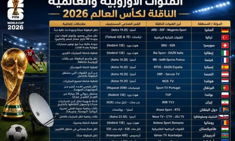 جميع القنوات الناقلة لكأس العالم 2026 .. طرق مشاهدة مباريات المونديال مجانًا وعبر الإنترنت