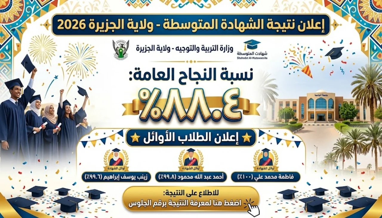 لينك نتيجة الشهادة المتوسطة بولاية الجزيرة 2026.. نسبة النجاح 88.4% وإعلان الأوائل